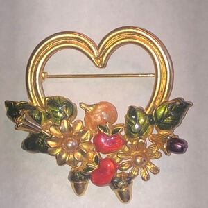 Gold Tone Heart Brooch with Floral Accents